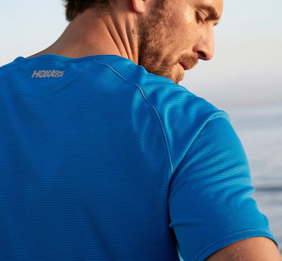 Hoka One One Mens Tops - Performance Short Sleeve - Blue - MEQD36029